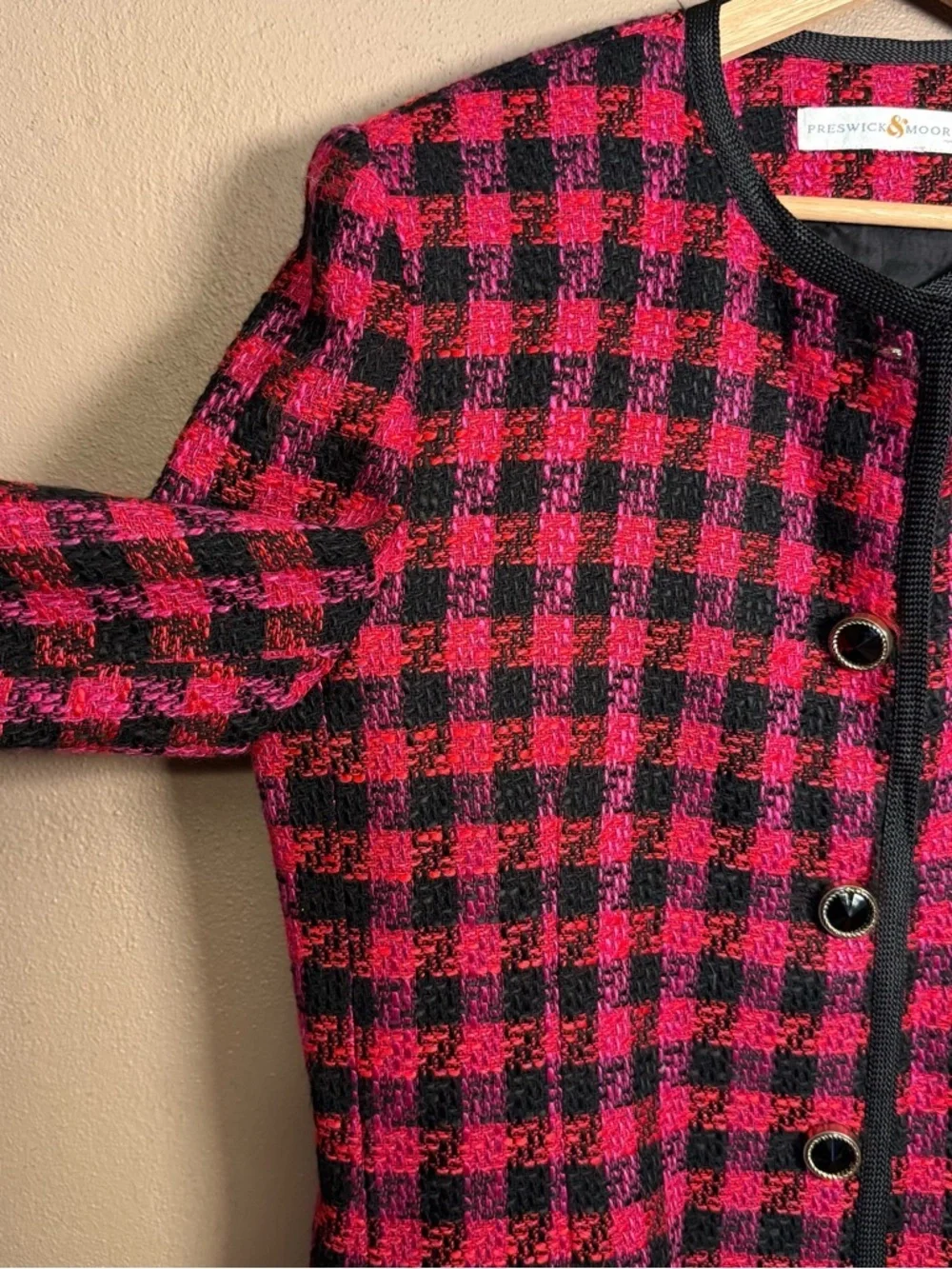 Preswick & Moore Vtg 90s Pink & Black Blazer Jacket, Gold/Black Buttons Size 14 - Picture 6 of 17